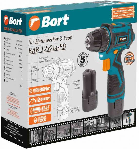 Дрель-шуруповерт Bort BAB-12x2Li-FD