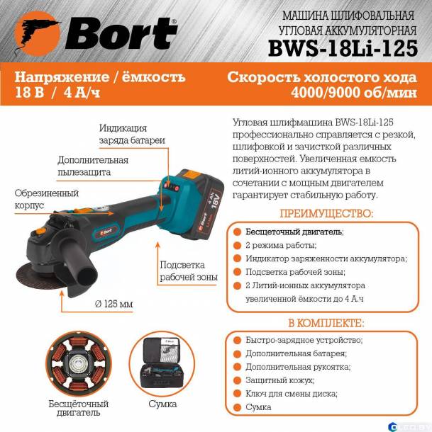 Угловая шлифмашина Bort BWS-18Li-125